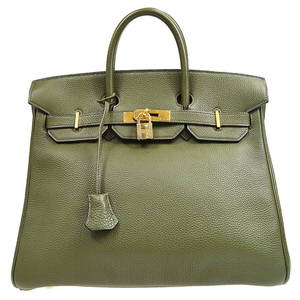 HERMES HAUT A COURROIES 32 Hand Bag Olive Green Veau Crispe Togo D 5R