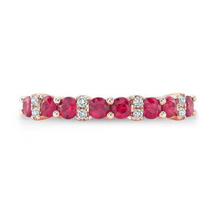 Ruby And Diamond Single Row Prong-set Band In 14k Rose Gold: Ruby And Diamond Single Row Prong-set Band In 14k Rose Gold Beautiful Single Row Gemstone Band Features 2.5mm Round Rubies Accented By 0.06ctw Of Round Brilliant Diamonds Set In 14k Rose Gold 14k