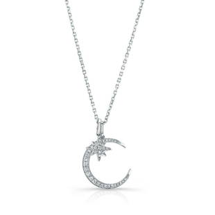 Diamond Pave Crescent And North Star Pendant In 14k White Gold, 16-18 Inch Adj Chain: Diamond Pave Crescent And North Star Pendant In 14k White Gold, 16-18 Inch Adj Chain Charming Crescent And North Star Pendant Features 0.20ctw Of Round Brilliant Diamonds Set In 14k White Gold On An