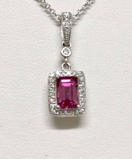 Pink Tourmaline And Diamond Emerald Cut Halo Dangle Mini Pendant In 14k White Gold (6x4mm Center): Pink Tourmaline And Diamond Emerald Cut Halo Dangle Mini Pendant In 14k White Gold (6x4mm Center) Dainty Emerald-cut Halo Pendant Has A 6x4mm Pink Tourmaline Center Accented By 0.10 Carats Of Round