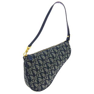 Christian Dior Trotter Pattern Saddle Hand Bag Pouch MC0091 Navy Canvas: Christian Dior Trotter Pattern Saddle Hand Bag Pouch MC0091 Navy Canvas Features: Detachable Strap Handle Style: Top Handle Exterior Color: Navy Gray Handle Drop: 7.5 Department: Women Pattern: