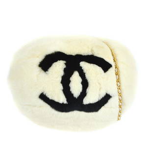 CHANEL CC Logos Hand Warmer Chain Shoulder Bag Ivory Black Fur