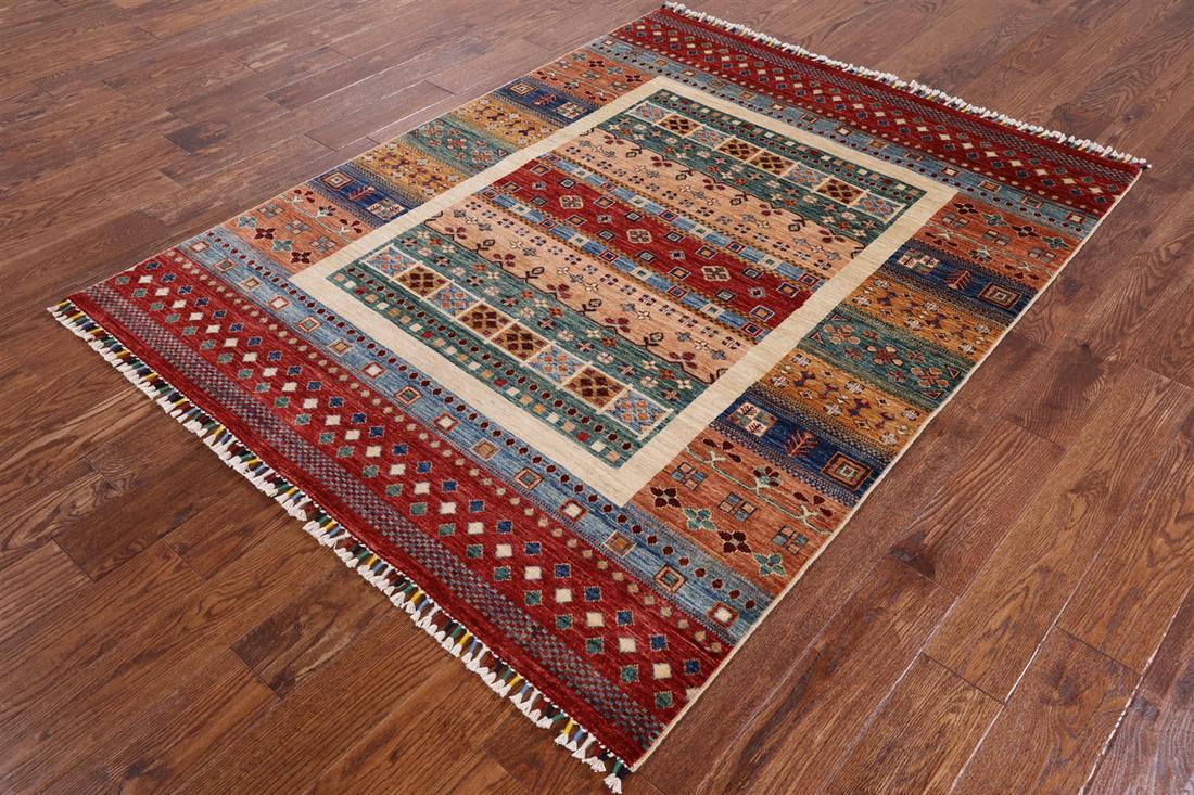 Hand Knotted Tribal Persian Gabbeh Rug 5' 0" X 6' 7": Hand Knotted Tribal Persian Gabbeh Rug 5' 0" X 6' 7" Design: Tribal Exact Size: 5\ 0 X 6\ 7 Style: Super Gabbeh Foundation: Cotton Pile: Wool Weave: Hand-knotted Age: New The BIDHAUS Guarantee: All it