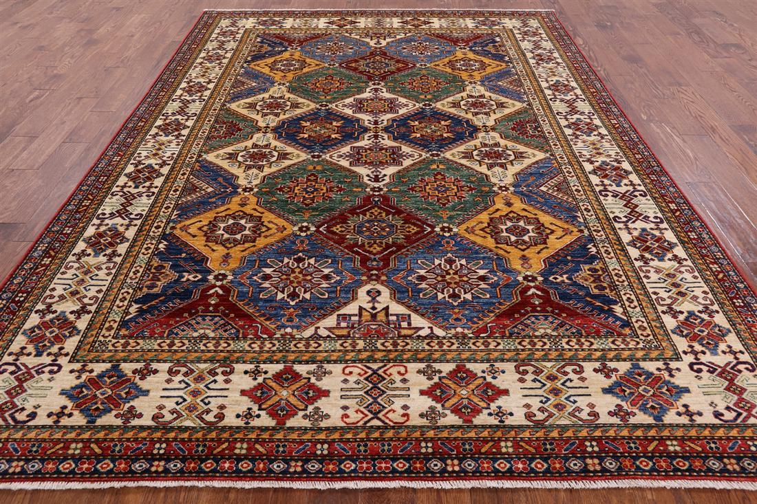 Super Kazak Hand-Knotted Wool Rug 7' 10" X 10' 6": Super Kazak Hand-Knotted Wool Rug 7' 10" X 10' 6" Design: Traditional Exact Size: 7\ 10 X 10\ 6 Style: Super Kazak Foundation: Cotton Pile: Wool Weave: Hand-knotted Age: New The BIDHAUS Guarantee: All