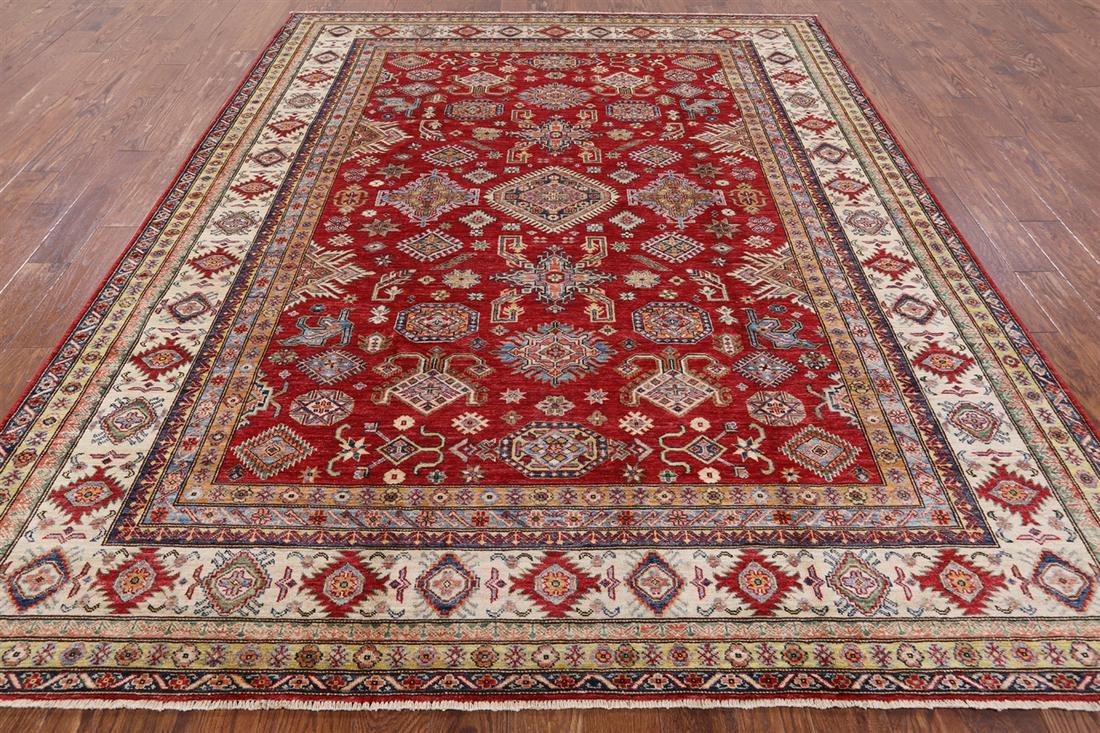 8' 2" X 10' 0" Fine Super Kazak Hand-Knotted Rug: 8' 2" X 10' 0" Fine Super Kazak Hand-Knotted Rug Design: Geometric Exact Size: 8\ 2 X 10\ 0 Style: Super Kazak Foundation: Cotton Pile: Wool Weave: Hand-knotted Age: New The BIDHAUS Guarantee: All ite