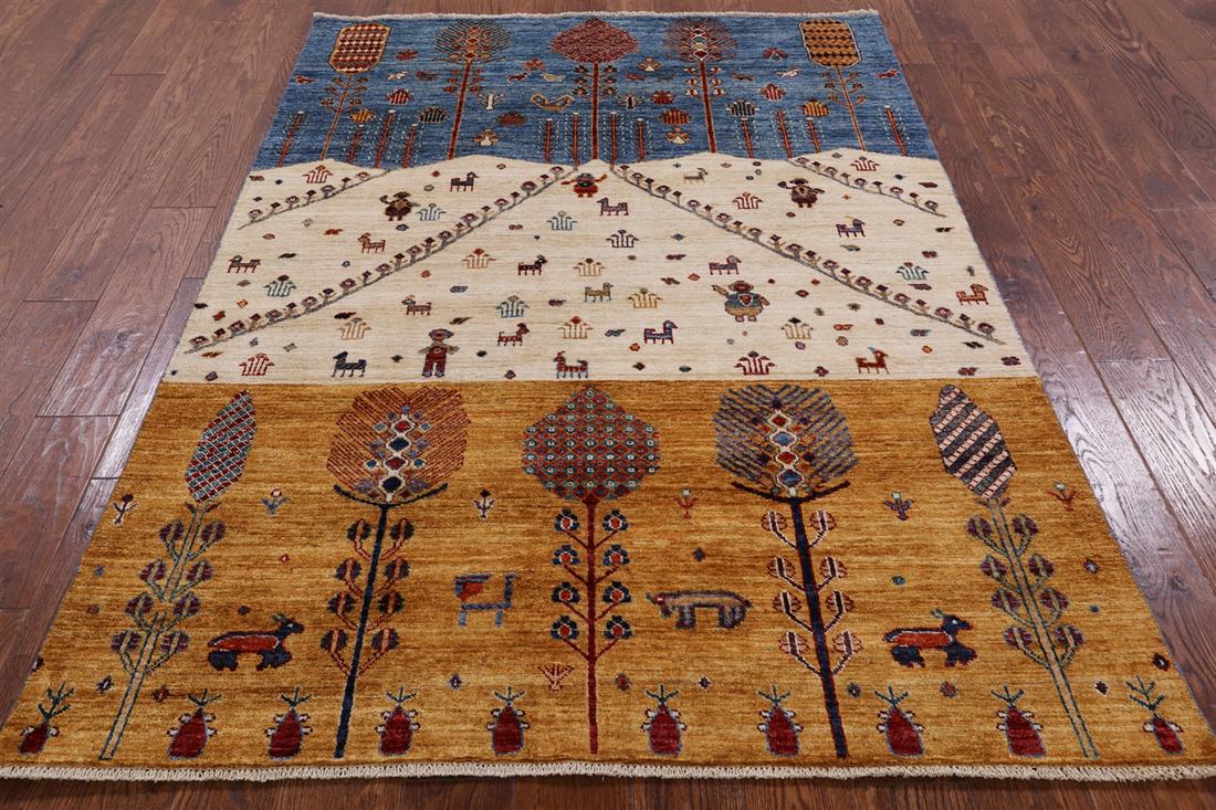 Tribal Persian Gabbeh Hand-Knotted Rug 4' 7" X 6' 5": Tribal Persian Gabbeh Hand-Knotted Rug 4' 7" X 6' 5" Design: Tribal Exact Size: 4\ 7 X 6\ 5 Style: Super Gabbeh Foundation: Cotton Pile: Wool Weave: Hand-knotted Age: New The BIDHAUS Guarantee: All it