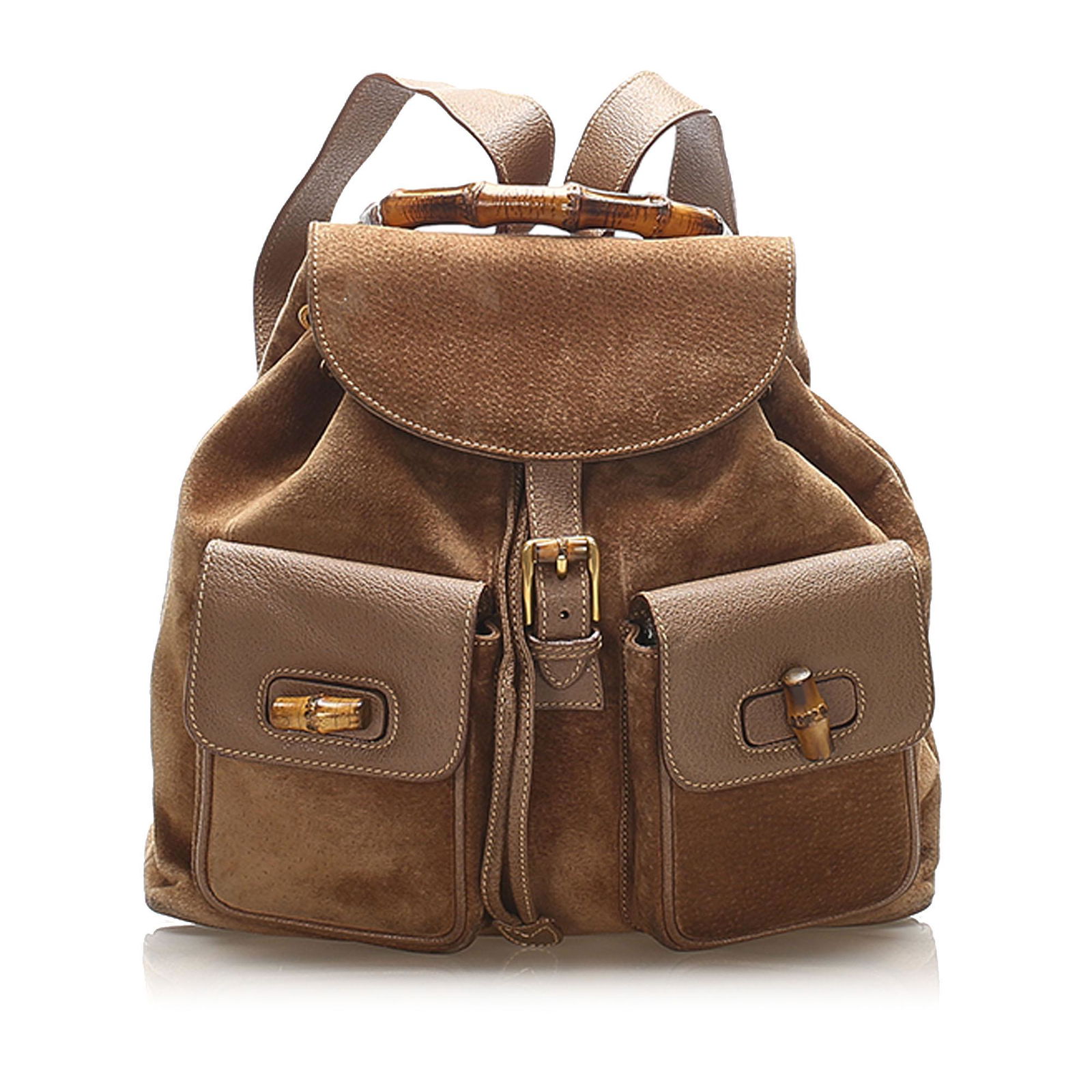 Gucci Bamboo Suede Drawstring Backpack: Gucci Bamboo Suede Drawstring Backpack This backpack features a suede and leather body front exterior flap pockets with a bamboo twist lock closure flat leather back straps a bamboo top handle a top f
