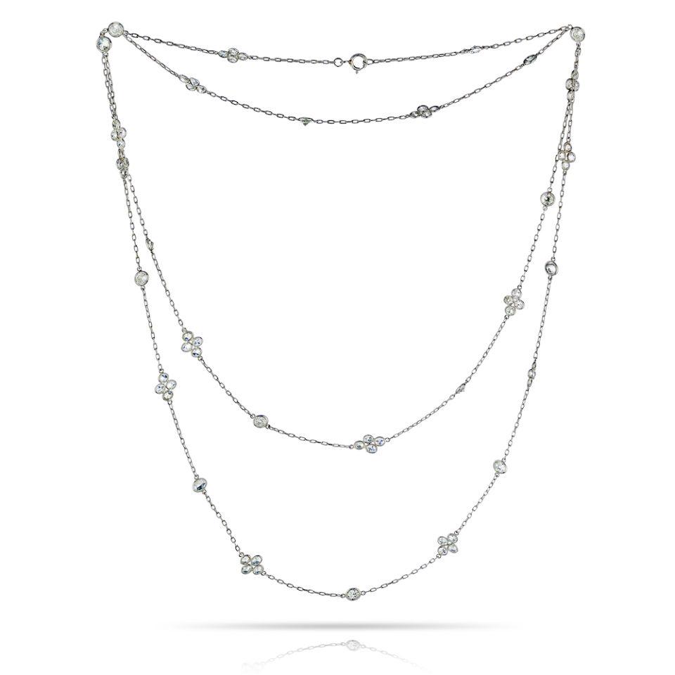 Platinum 7.50 carat Old Cut Diamonds by the Yard Necklace: Platinum 7.50 carat Old Cut Diamonds by the Yard Necklace Type: Diamonds By The Yard Metal: Platinum Grams: 8.4 Approximate Diamond Weight: 7.5 Cts Measurements: L: 38.5 inches Condition: Vintage. Gre