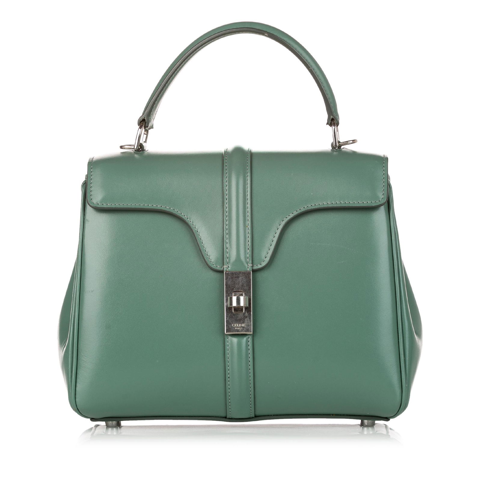 Celine 16 Leather Satchel: Celine 16 Leather Satchel The 16 bag features a leather body a flat leather top handle a front flap with a metal turn lock closure an exterior slip pocket and interior zip and slip compartments. Brand