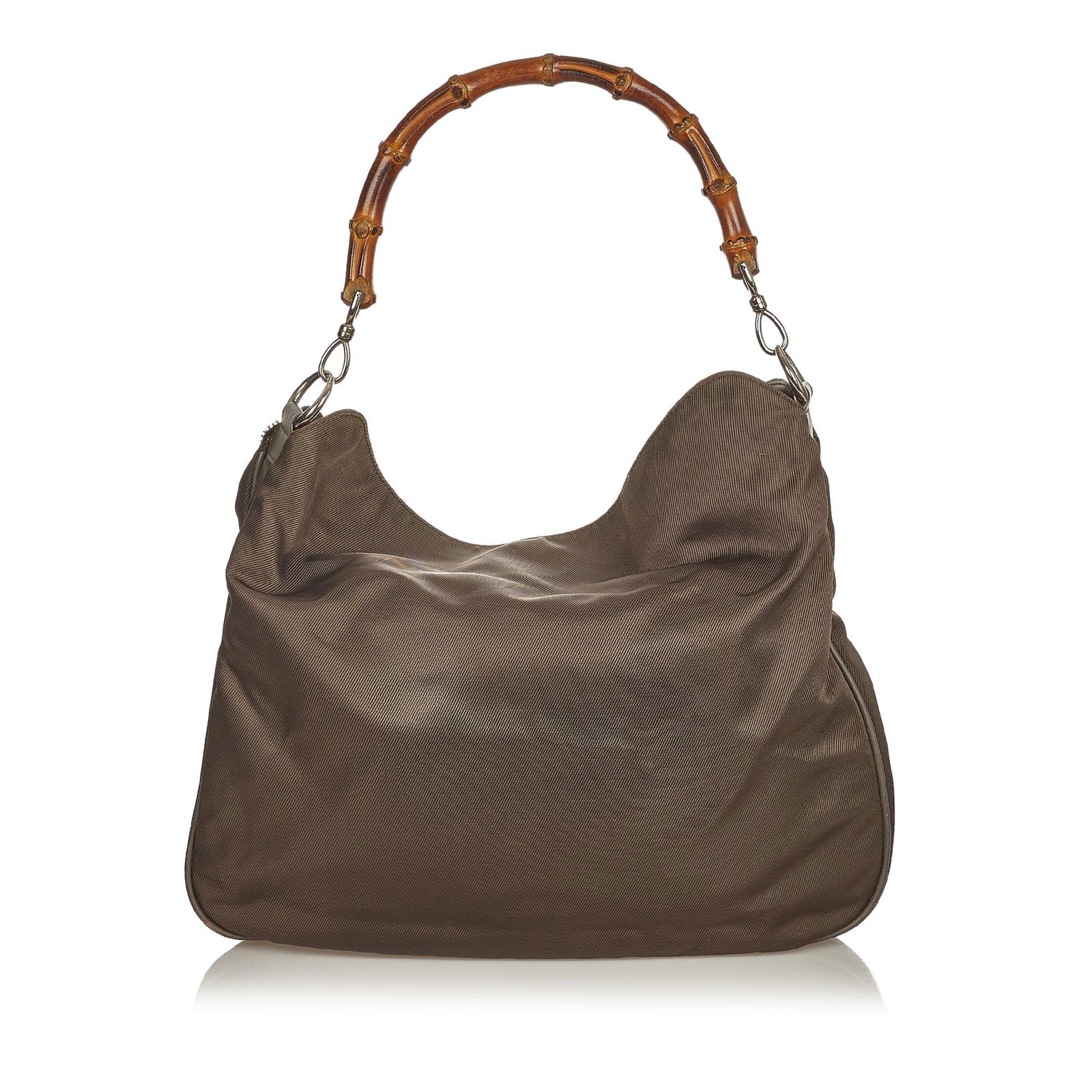 Gucci Bamboo Nylon Handbag: Gucci Bamboo Nylon Handbag This handbag features a nylon body a bamboo top handle an open top with a magnetic clasp closure and an interior zip pocket. Brand: Gucci Model: Bamboo Nylon Handbag Origin: