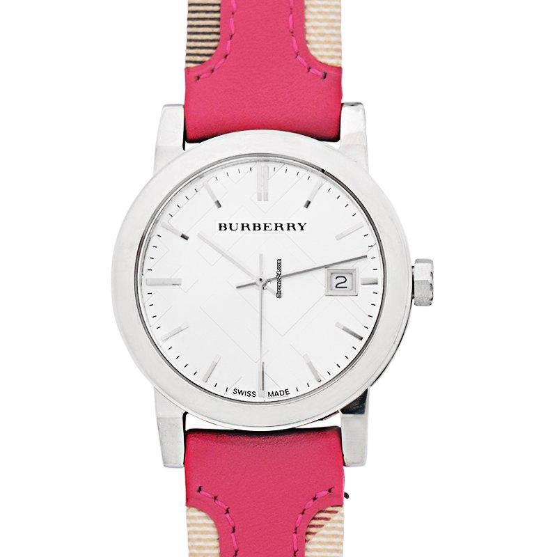 Burberry Women Fuchsia Leather Haymarket Check Watch 34 mm - BU9149: Burberry Women Fuchsia Leather Haymarket Check Watch 34 mm - BU9149 Brand: Burberry Dealer product code: 22792A Movement: Quartz Case material: Steel Bracelet material: Calf skin Year of production: 2