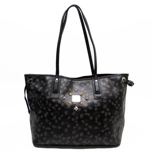 MCM Shoulder Bag Tote Logo Gram Black Gray Gold Silver Leather Studs