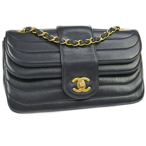 CHANEL Quilted CC Double Chain Shoulder Bag Navy Leather Vintage GHW