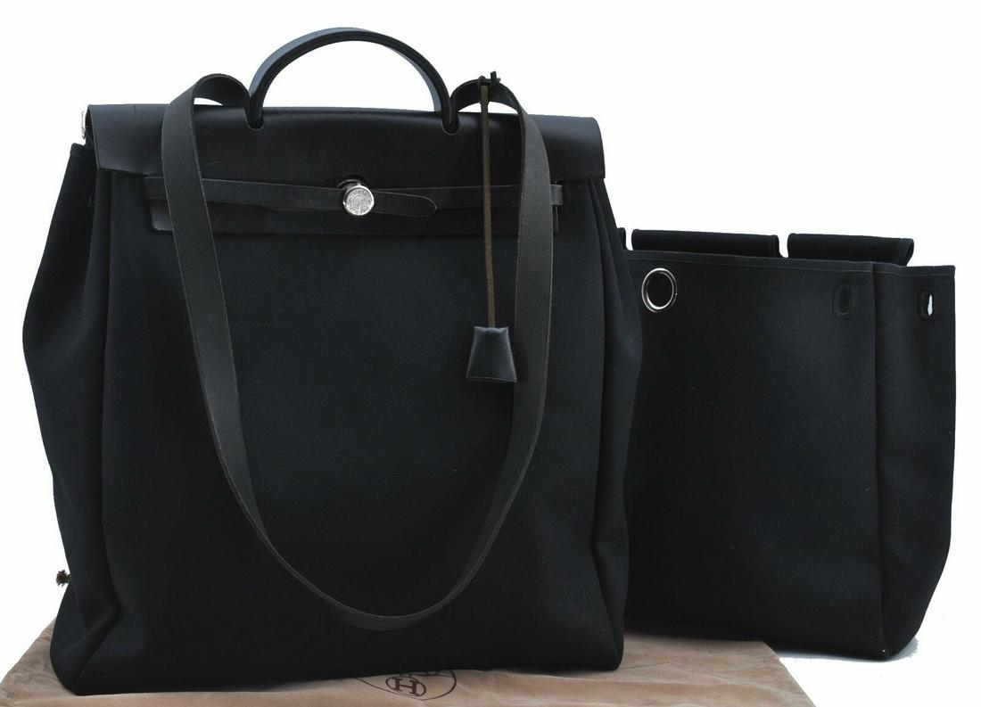 HERMES Her Bag MM 2 In 1 2Way Shoulder Hand Bag Canvas Leather Black: HERMES Her Bag MM 2 In 1 2Way Shoulder Hand Bag Canvas Leather Black Brand: HERMES Exterior Material: Canvas Style: Hand Bag Department: Women Exterior Color: Black Bag Height: 15.2inches (38.5cm) 11.