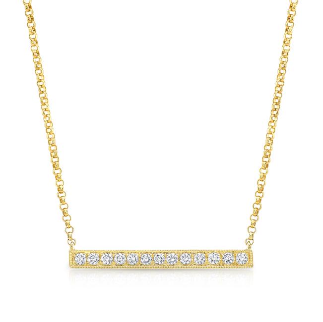 Diamond Bar Necklace With Millgrain In 14k Yellow Gold 18 Inch Length (3/8 Ctw): Diamond Bar Necklace With Millgrain In 14k Yellow Gold 18 Inch Length (3/8 Ctw) Versatile And Trendy, This Pave' Diamond Linear Bar Necklace Features 3/8 Carats Of Round Diamonds Set In 14k Yellow Gol