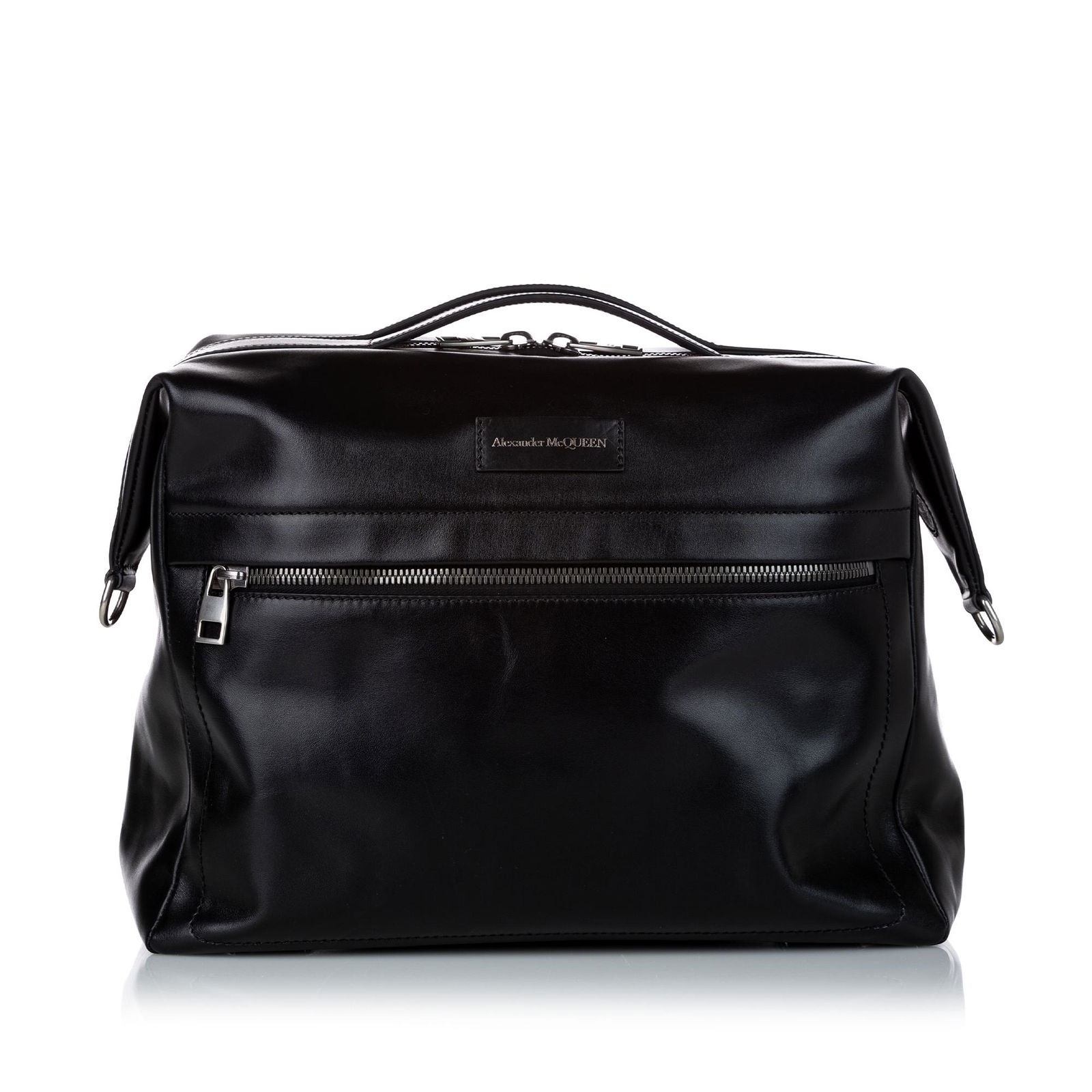 Alexander McQueen Leather Business Bag: Alexander McQueen Leather Business Bag This business bag features a leather body an exterior zip pocket flat leather handle a flat detachable strap front flap top zip closure and interior zip and slip