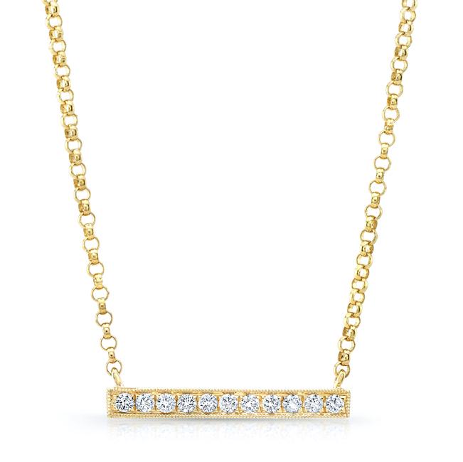 Diamond Bar Necklace In 14k Yellow Gold 16 Inch Length: Diamond Bar Necklace In 14k Yellow Gold 16 Inch Length Modern And Brilliant, This Pave' Diamond Bar Necklace Features Round Diamond Set In A Linear Bar Of 14k Yellow Gold With A Matching Rolo Chain 16