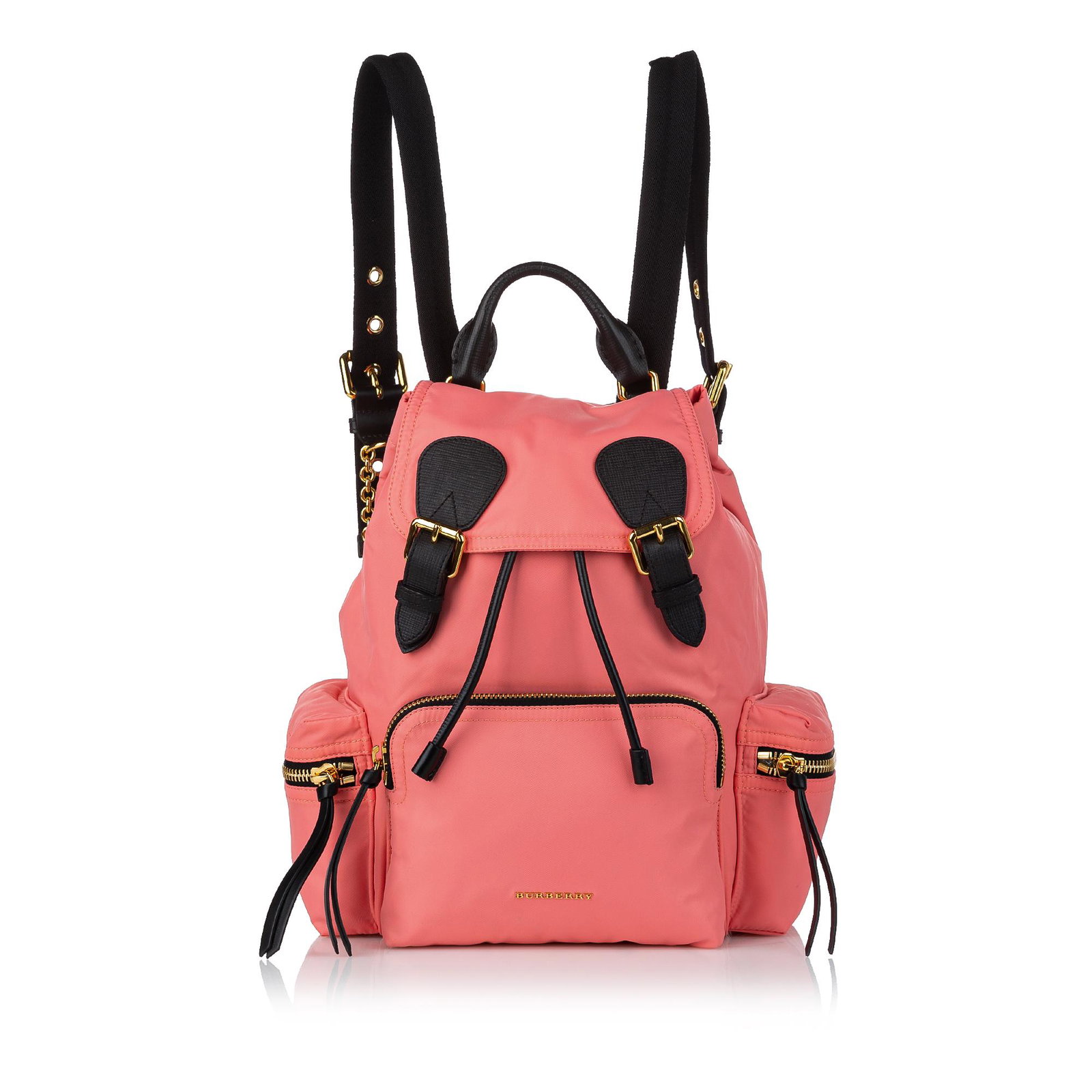Burberry Runway Leather Backpack: Burberry Runway Leather Backpack The Runaway backpack features a leather body exterior zip pockets a rolled leather top handle adjustable flat back straps a top flap with buckle details and snap closu