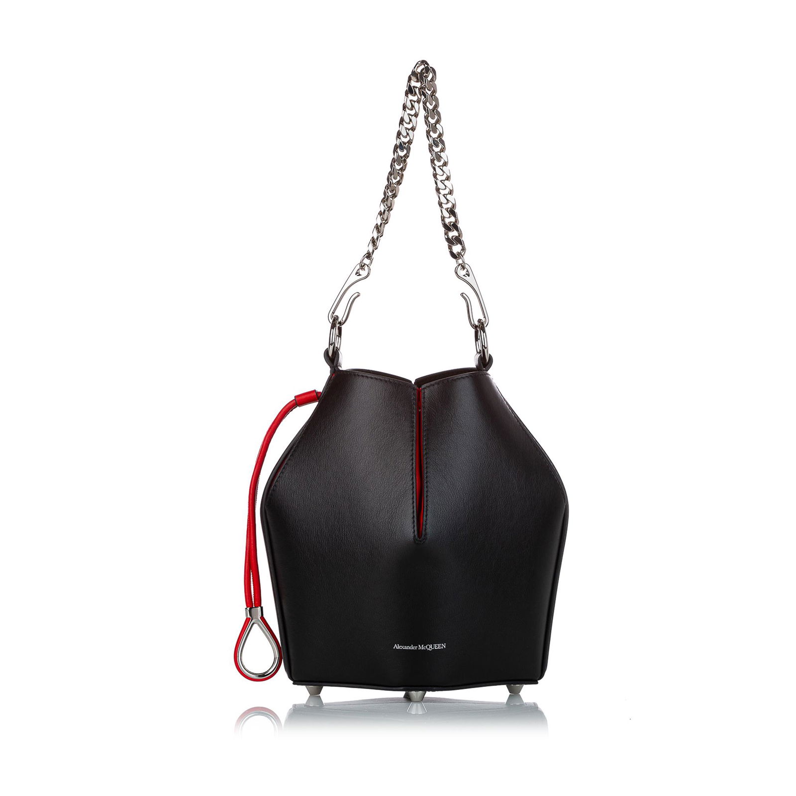 Alexander McQueen The Bucket Leather Bag: Alexander McQueen The Bucket Leather Bag This bucket bag features a leather body flat leather strap a silver toned chain strap a top drawstring closure and interior zip Brand: Alexander McQueen Model: