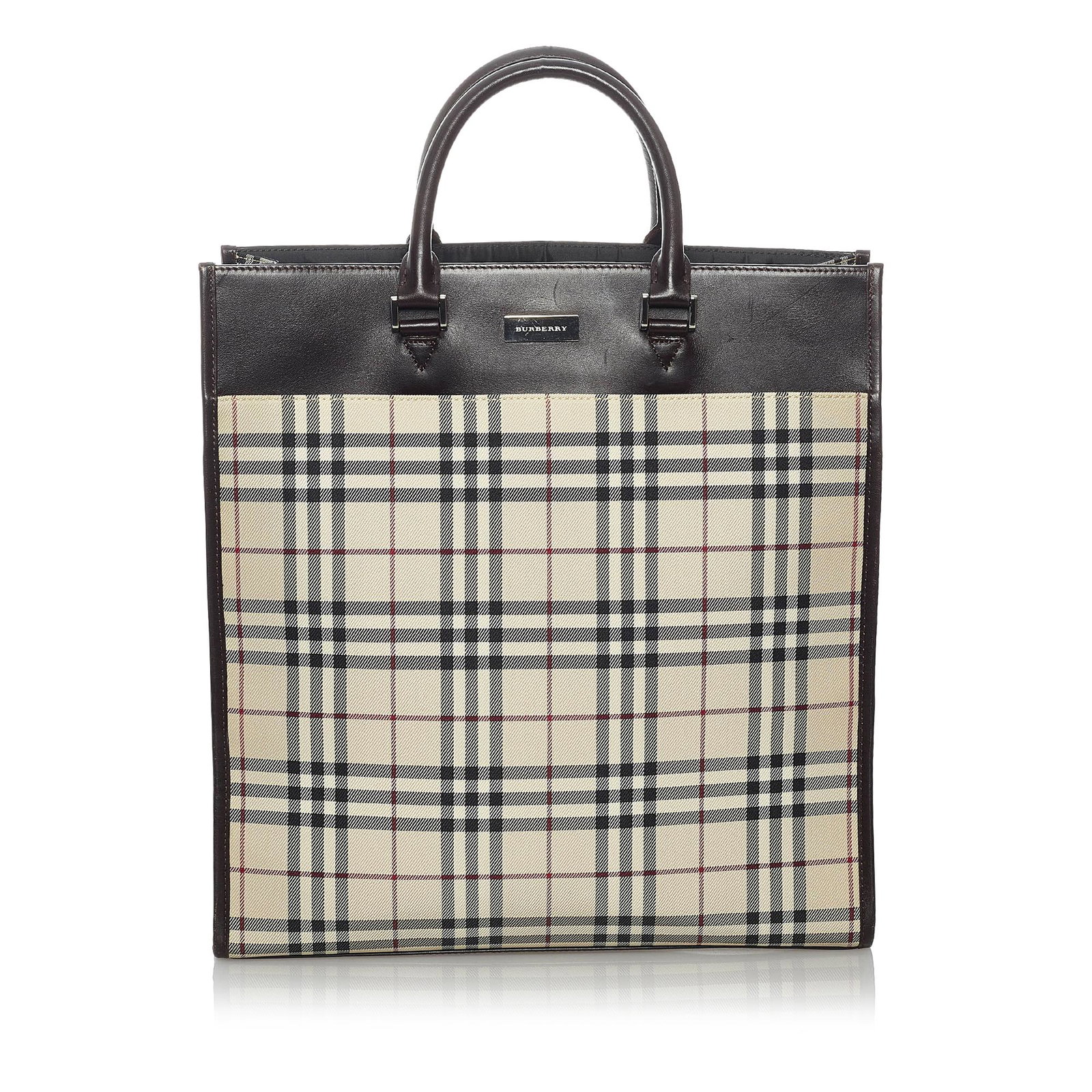 Burberry House Check Canvas Tote Bag: Burberry House Check Canvas Tote Bag This tote bag features a plaid canvas body with a top leather panel rolled leather handles an open top and interior zip and slip pockets. Brand: Burberry Model: Ho