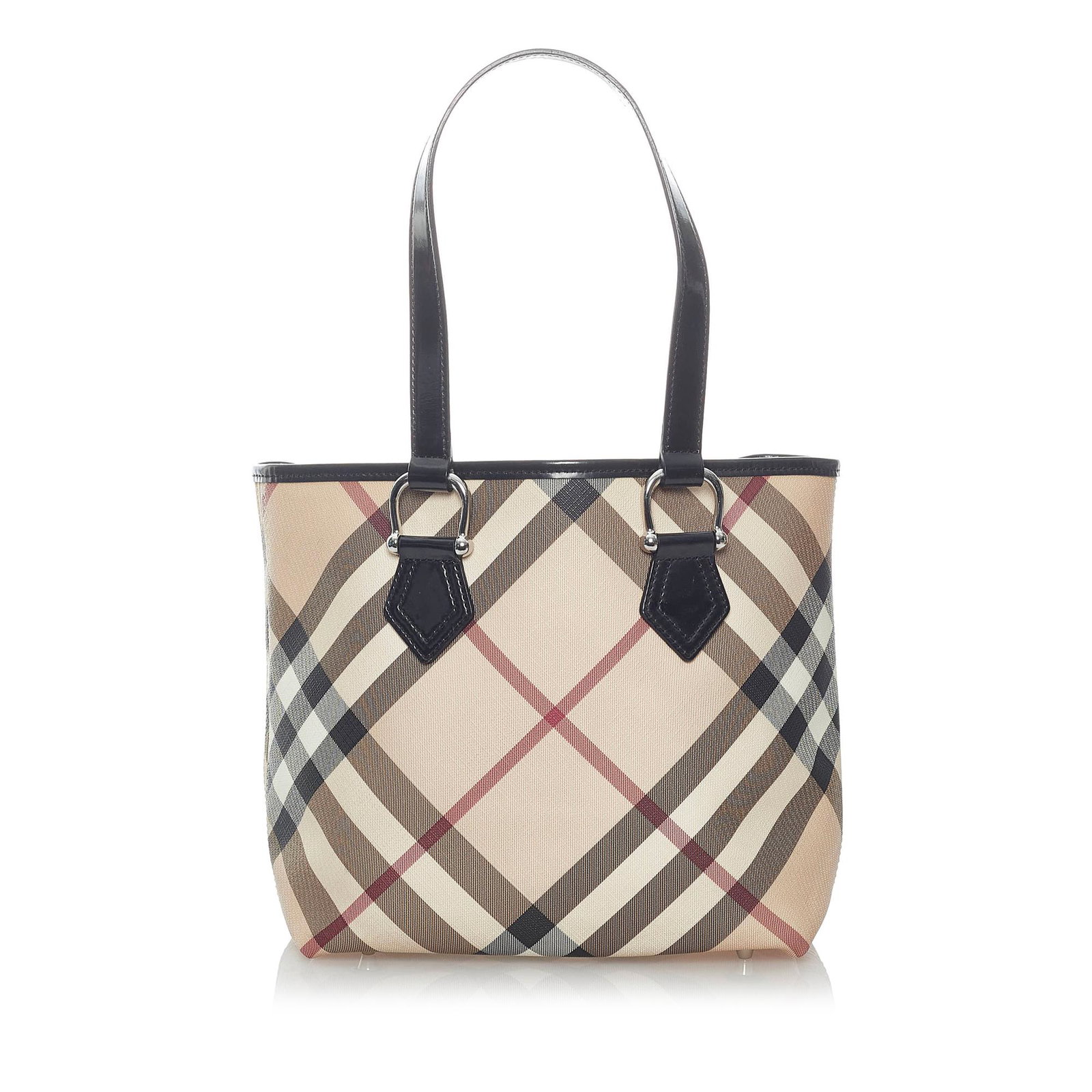 Burberry Supernova Check Canvas Tote Bag: Burberry Supernova Check Canvas Tote Bag This tote bag features a canvas body with patent leather trim flat leather straps and open top and interior pockets. Brand: Burberry Model: Supernova Check Can