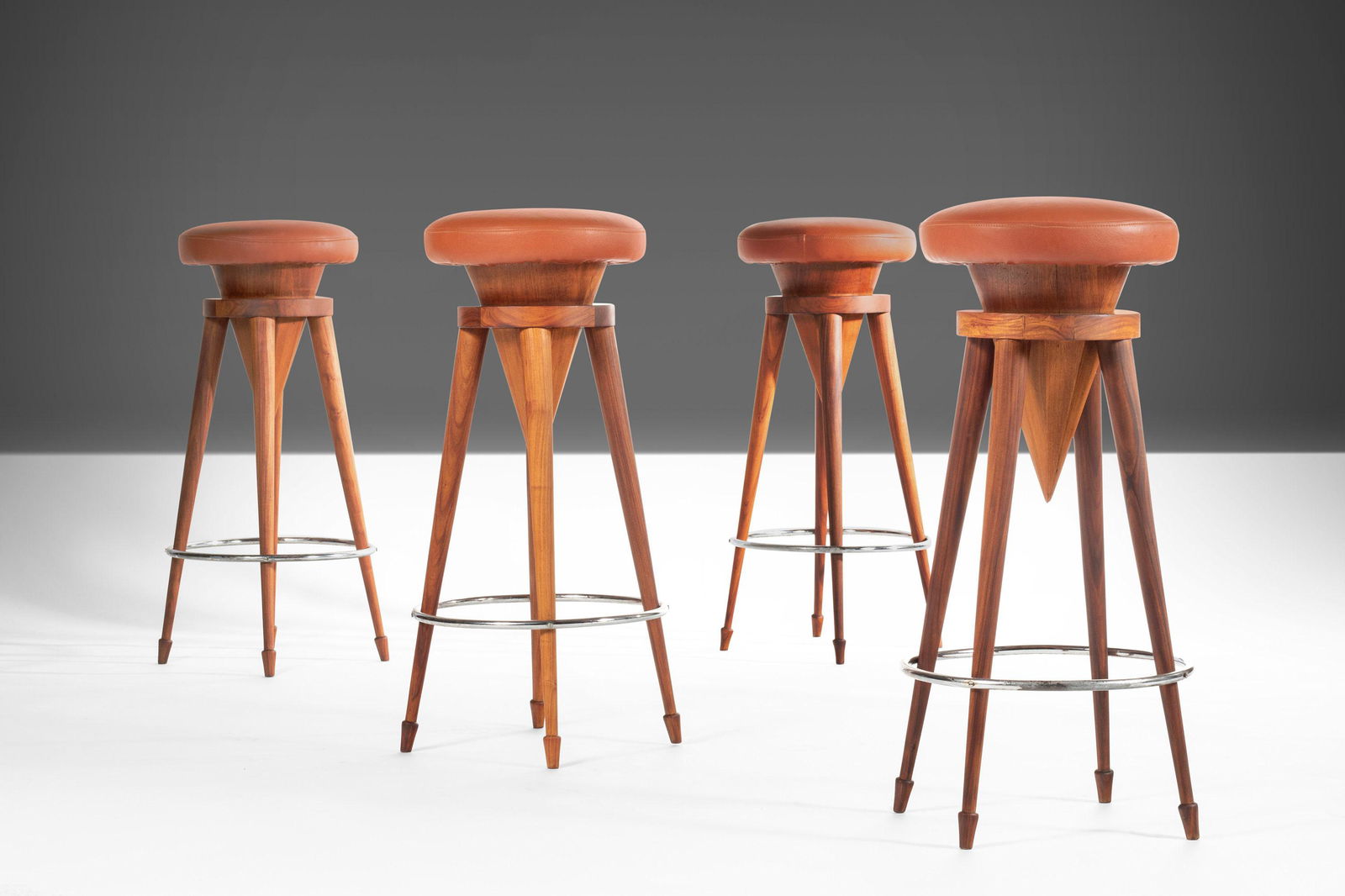 Rare Designer Bar Height Barstool in Walnut Attributed to Michael Taylor (4 Available) - Price is: Rare Designer Bar Height Barstool in Walnut Attributed to Michael Taylor (4 Available) - Price is Per Unit c. 1960s About: A rare and exceptional design. The stools are constructed from walnut and wit