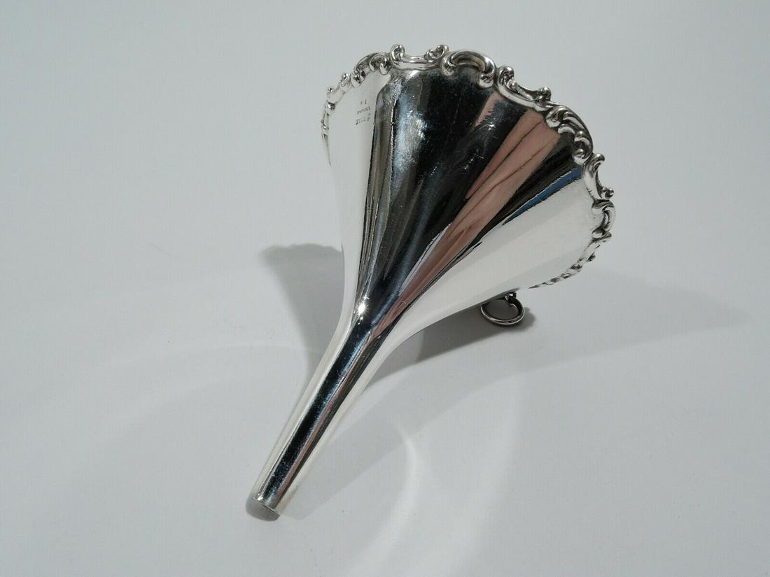 Wallace Wine Funnel 19 Antique Edwardian Barware American Sterling Silver: Wallace Wine Funnel 19 Antique Edwardian Barware American Sterling Silver Edwardian sterling silver wine funnel, ca 1910. Conical with applied c-scroll rim and tapering spout. Gilt interior. Loose-mou