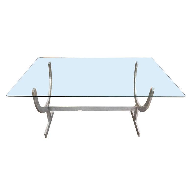 Machined Aluminum Dining Table with Glass Top: Machined Aluminum Dining Table with Glass Top Dimensions: Height: 29 in. (73.66 cm) Dimensions: Width: 60 in. (152.4 cm) Dimensions: Depth: 38 in. (96.52 cm) Style: Modern (Of the Period) Materials an