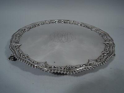 Georgian Salver - Antique Tray - English Sterling Silver Robert Rew - 1766: Georgian Salver - Antique Tray - English Sterling Silver Robert Rew - 1766 George III sterling silver salver. Made in London in 1766. Round with 3 ball-and-claw supports. Fancy gadrooned rim with soft