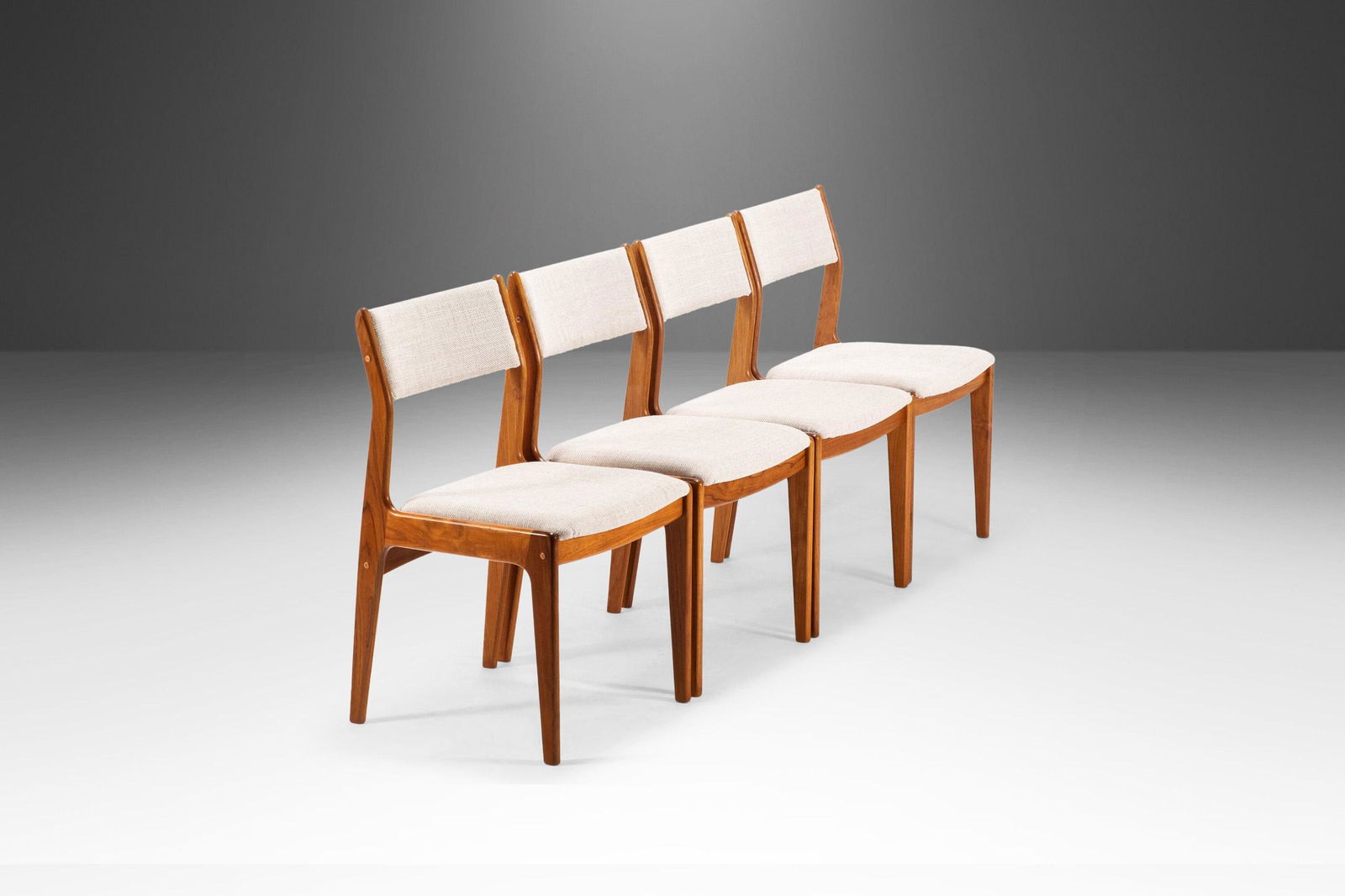 Set of Four (4) Scandinavian Styled Teak Dining Chairs w/ Oatmeal Fabric by D-SCAN c. 1970's: Set of Four (4) Scandinavian Styled Teak Dining Chairs w/ Oatmeal Fabric by D-SCAN c. 1970's About: As comfortable as they are visually stunning this splendid set of vintage D-SCAN dining chairs are i