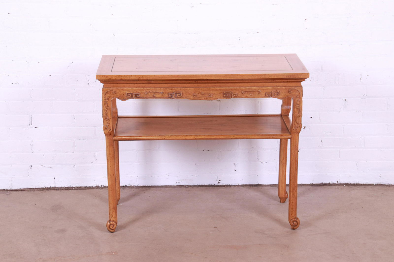 Michael Taylor for Baker Far East Collection Chinoiserie Carved Elm Wood Console Table: Michael Taylor for Baker Far East Collection Chinoiserie Carved Elm Wood Console Table A gorgeous Hollywood Regency Chinoiserie carved elm wood console or sofa table By Michael Taylor for Baker Furnit