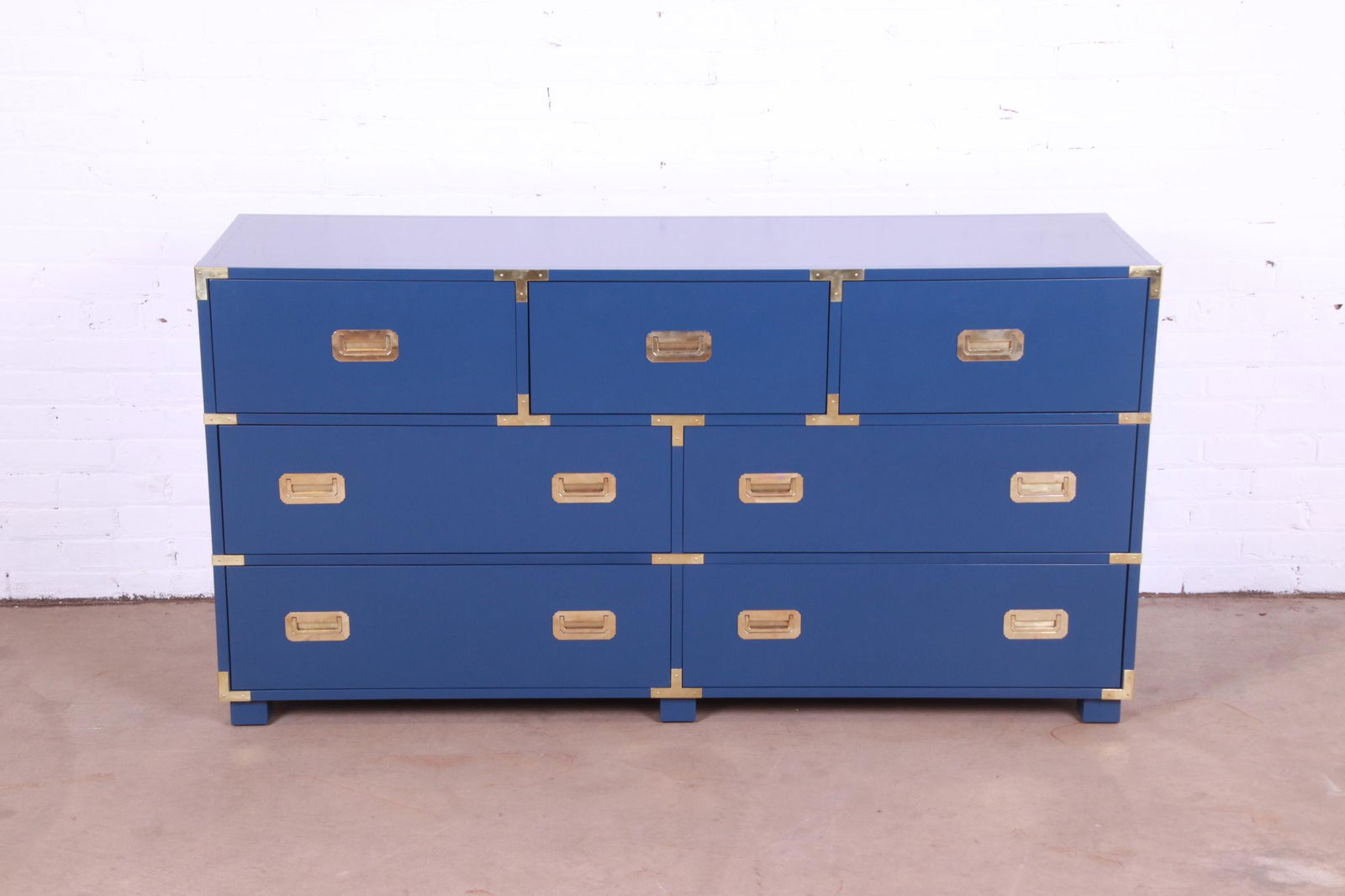 Michael Taylor for Baker Furniture Hollywood Regency Blue Lacquered Campaign Dresser Newly: Michael Taylor for Baker Furniture Hollywood Regency Blue Lacquered Campaign Dresser Newly Refinished An exceptional mid-century modern Hollywood Regency Campaign style seven-drawer dresser or credenz