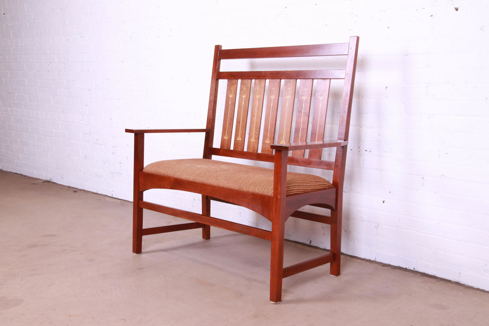 Stickley Harvey Ellis Collection Inlaid Cherry Wood Bench or Settee: Stickley Harvey Ellis Collection Inlaid Cherry Wood Bench or Settee A gorgeous Mission or Arts & Crafts style bench or settee By Stickley "Harvey Ellis Collection" USA Circa Early 21st Century Sol