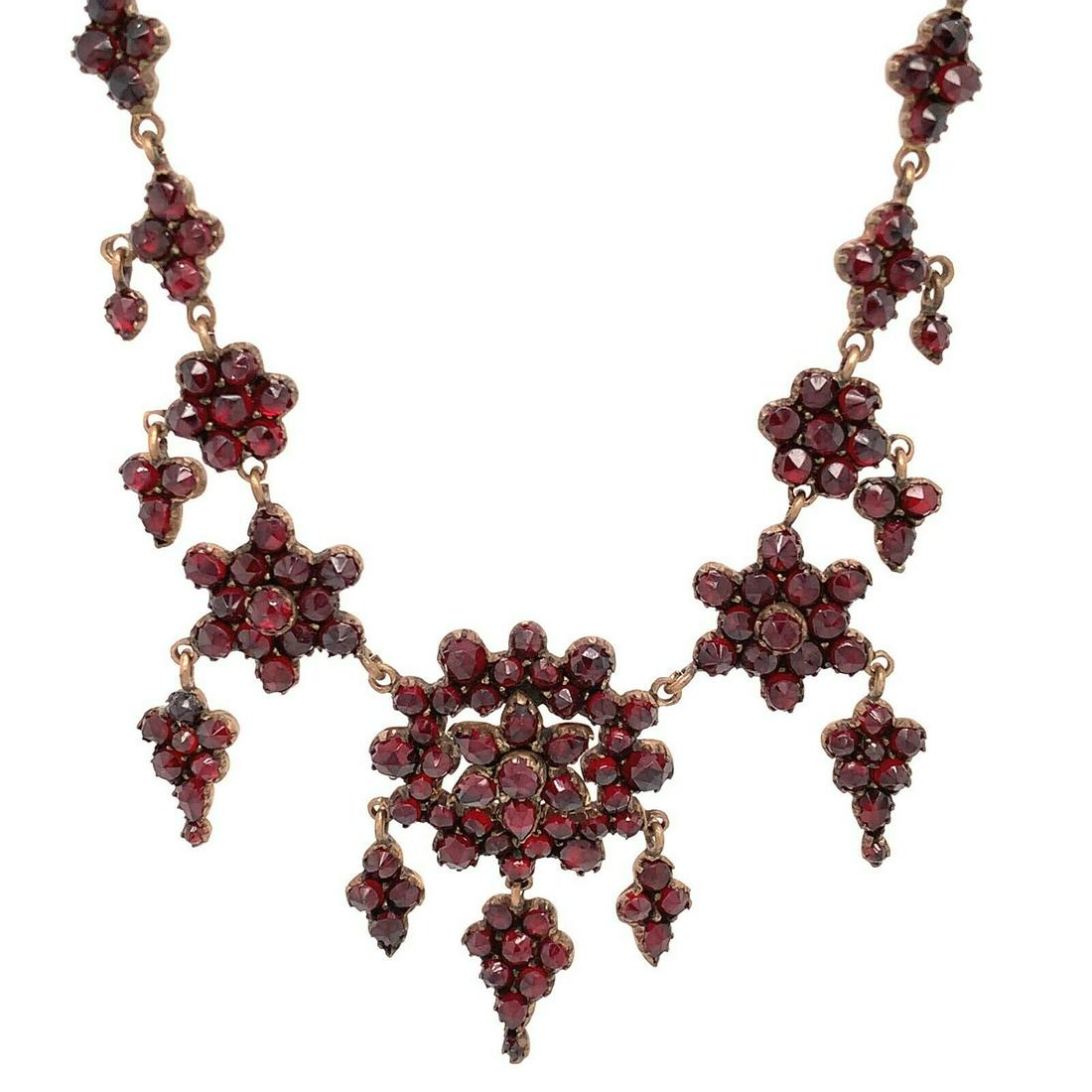 Genuine Natural Bohemian Garnet Rosette Drop Necklace (#J4911): Genuine Natural Bohemian Garnet Rosette Drop Necklace (#J4911) Brand: Unbranded Type: Necklace Metal: Gilt Brass Main Stone: Garnet Main Stone Color: Red Metal Purity: Not Applicable Color: Gold Style