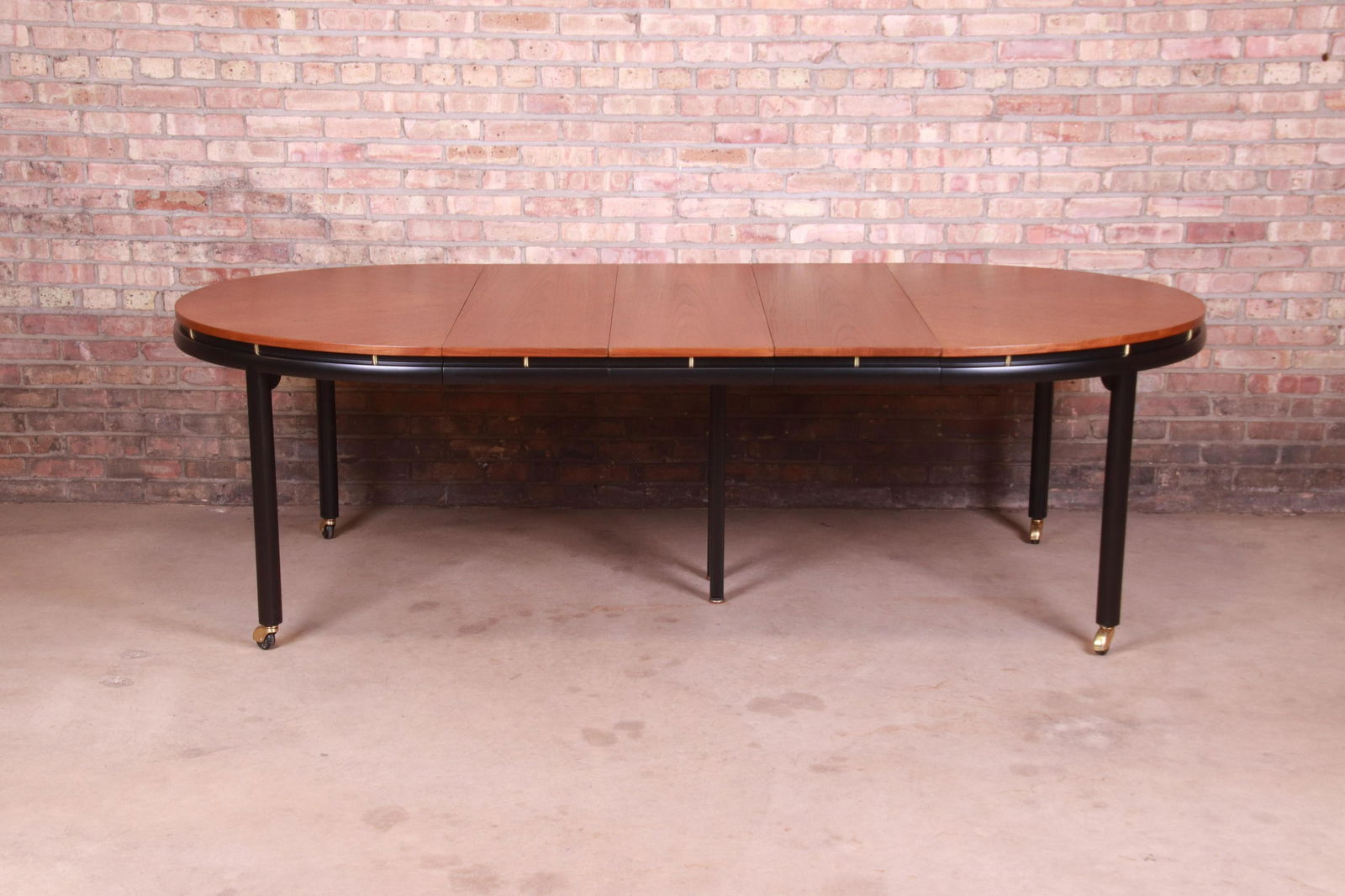 Michael Taylor for Baker Furniture Cherry Wood and Black Lacquer Extension Dining Table Newly: Michael Taylor for Baker Furniture Cherry Wood and Black Lacquer Extension Dining Table Newly Refinished An exceptional mid-century modern Hollywood Regency Chinoiserie extension dining table By Micha