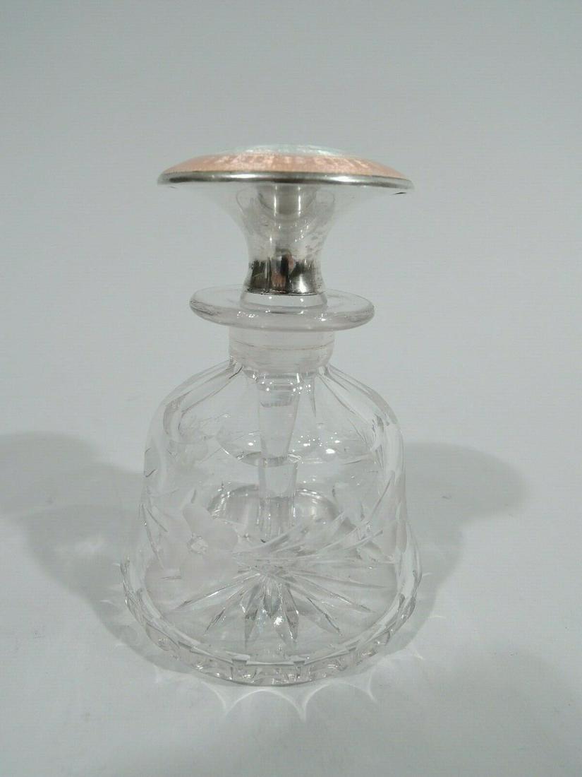 Foster & Bailey Perfume Antique Bottle American Sterling Silver Enamel Crystal: Foster & Bailey Perfume Antique Bottle American Sterling Silver Enamel Crystal Edwardian Art Nouveau perfume. Made by Foster & Bailey in Providence, ca 1910. Crystal bell-form bottle with cut geometri