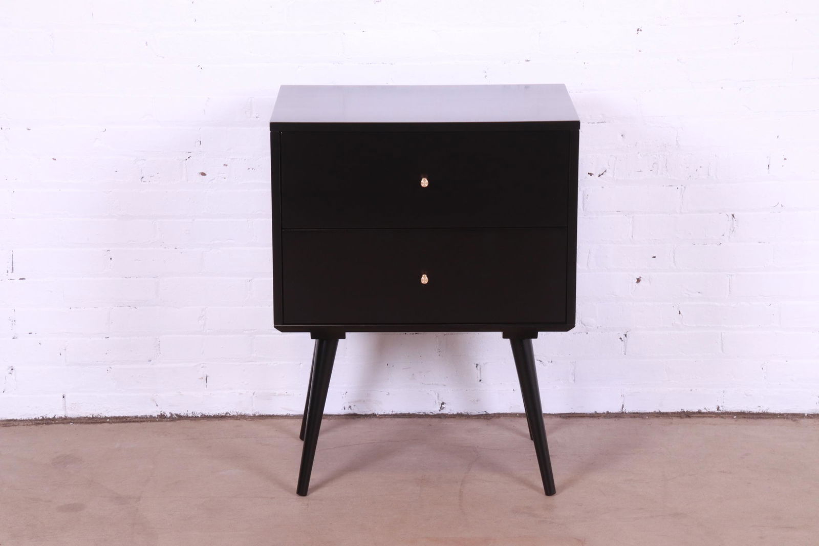 Paul McCobb Planner Group Black Lacquered Two-Drawer Bedside Chest Newly Refinished: Paul McCobb Planner Group Black Lacquered Two-Drawer Bedside Chest Newly Refinished A sleek and stylish mid-century modern two-drawer chest or nightstand By Paul McCobb for Winchendon Furniture "Plann