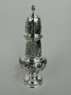 Edwardian Sugar Shaker Antique Georgian Caster English Sterling Silver 1906: Edwardian Sugar Shaker Antique Georgian Caster English Sterling Silver 1906 Pretty Edwardian Georgian sterling silver sugar caster. Made by George Nathan & Ridley Hayes in Chester in 1906. Cylindrical