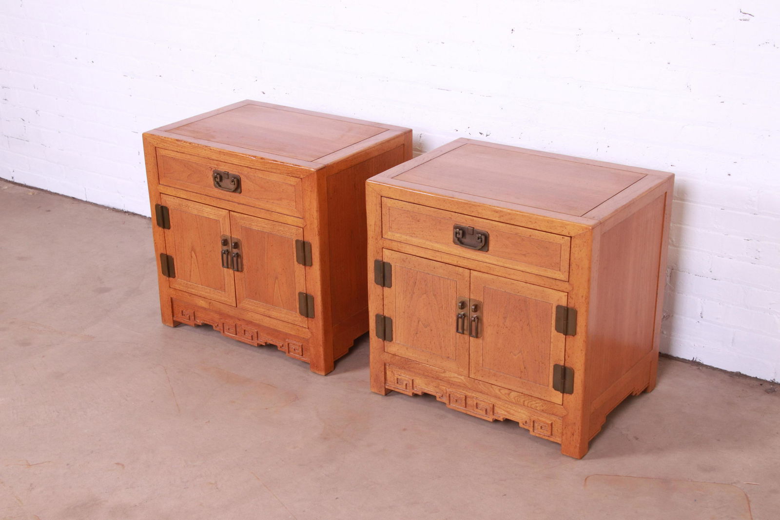 Michael Taylor for Baker Furniture Hollywood Regency Chinoiserie Nightstands Pair: Michael Taylor for Baker Furniture Hollywood Regency Chinoiserie Nightstands Pair A gorgeous pair of mid-century modern Hollywood Regency Chinoiserie nightstands By Michael Taylor for Baker Furniture