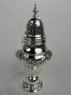 George V Sugar Shaker Antique Edwardian Georgian Caster English Sterling Silver: George V Sugar Shaker Antique Edwardian Georgian Caster English Sterling Silver George V sterling silver sugar caster. Made by Harrison Bros & Howson in London in 1911. Baluster with applied shell-mou