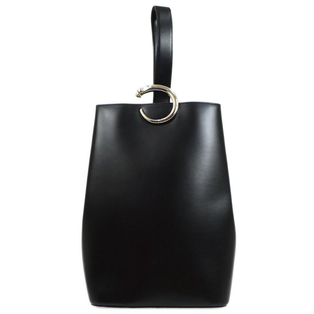 Cartier Panther Logos Bucket Shoulder Bag EKEG Black Leather France: Cartier Panther Logos Bucket Shoulder Bag EKEG Black Leather France Size: Medium Style: Bucket & Drawstring Bag Bag Height: 11.8 Product Line: Cartier Panther Material: Leather Features: Inner Pockets