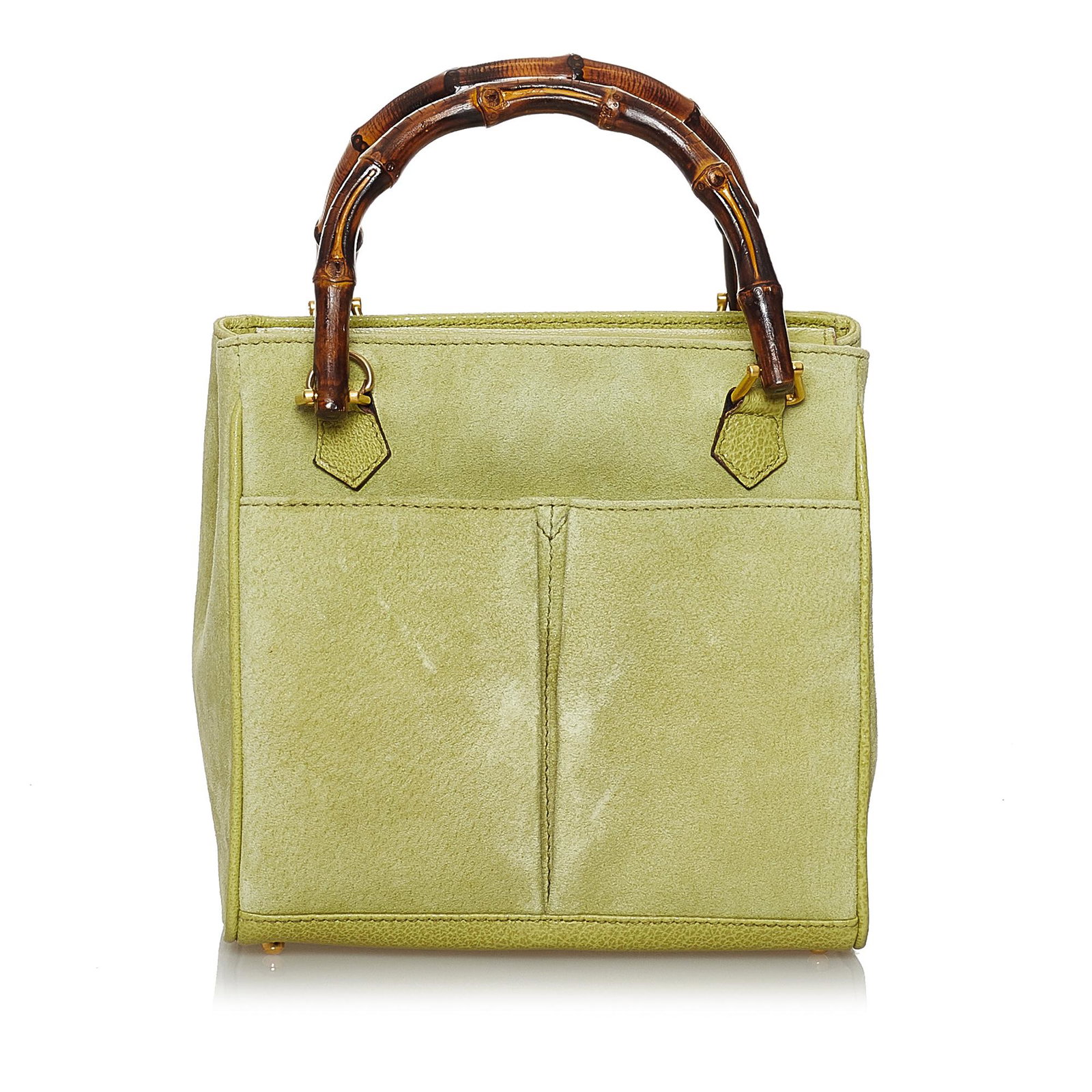 Gucci Bamboo Suede Satchel: Gucci Bamboo Suede Satchel This satchel features a suede body with leather trim exterior front slip pockets bamboo handles a detachable strap a magnetic snap button closure and an interior zip pocket.