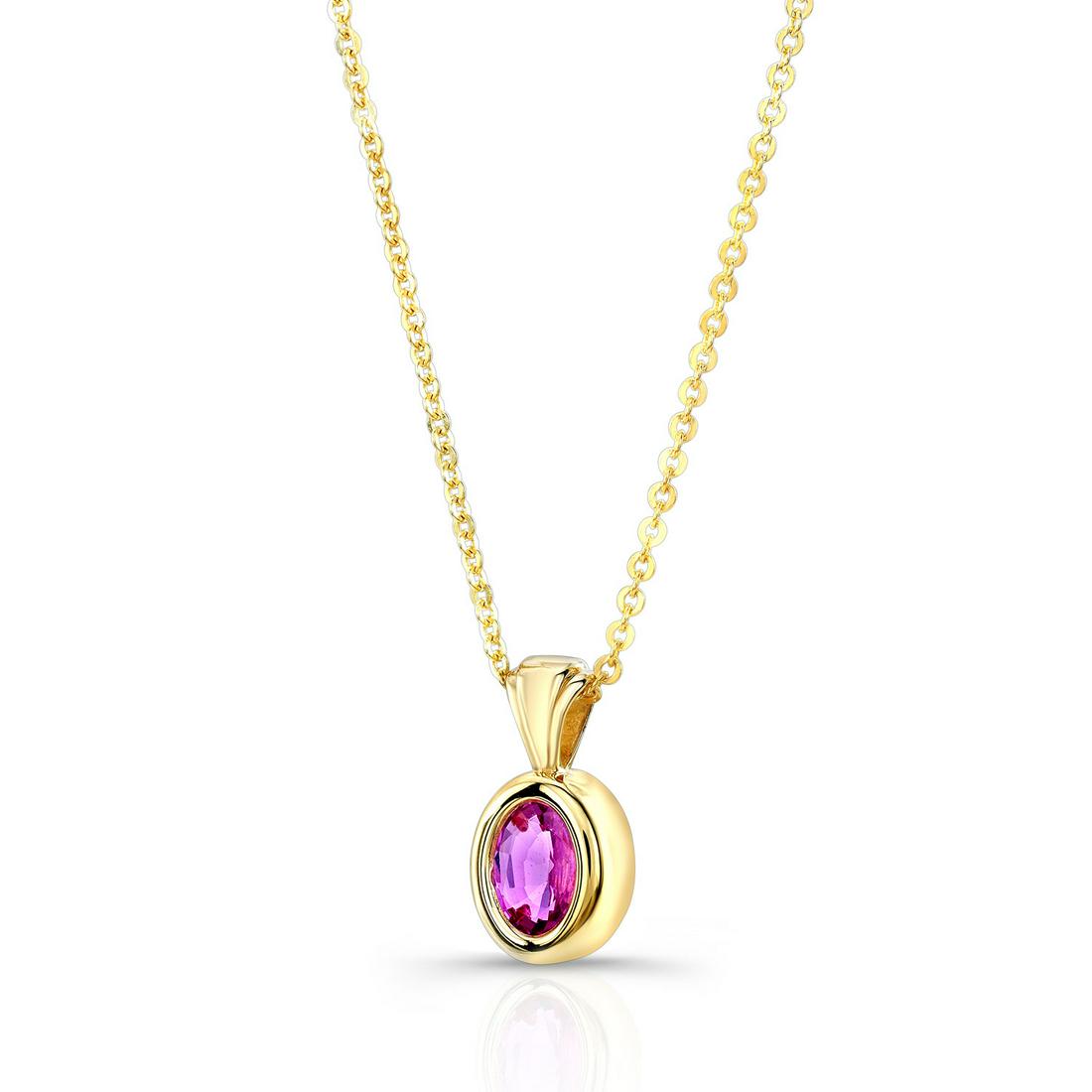 Pink Saphire Oval Bezel Solitaire Pendant In 14k Yellow Gold (18 Inch Rolo Chain): Pink Saphire Oval Bezel Solitaire Pendant In 14k Yellow Gold (18 Inch Rolo Chain) This Stunning Oval Gemstone Bezel Solitaire Pendant Features A 7x5mm Oval Pink Sapphire Bezel Set In 14 Karat Yellow G