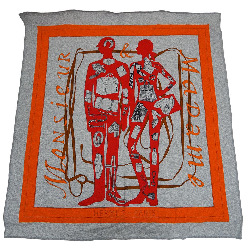 HERMES Hermes Carre Cotton Jersey MONSIEUR ET MADAME Mushuu & Madam Gray x Orange Large Size Shawl: HERMES Hermes Carre Cotton Jersey MONSIEUR ET MADAME Mushuu & Madam Gray x Orange Large Size Shawl Stole Brand: Hermes Type: Shawl Color: Gray Orange Material: Cotton Cotton: Size (LxW): 1m x 1.1m / 3