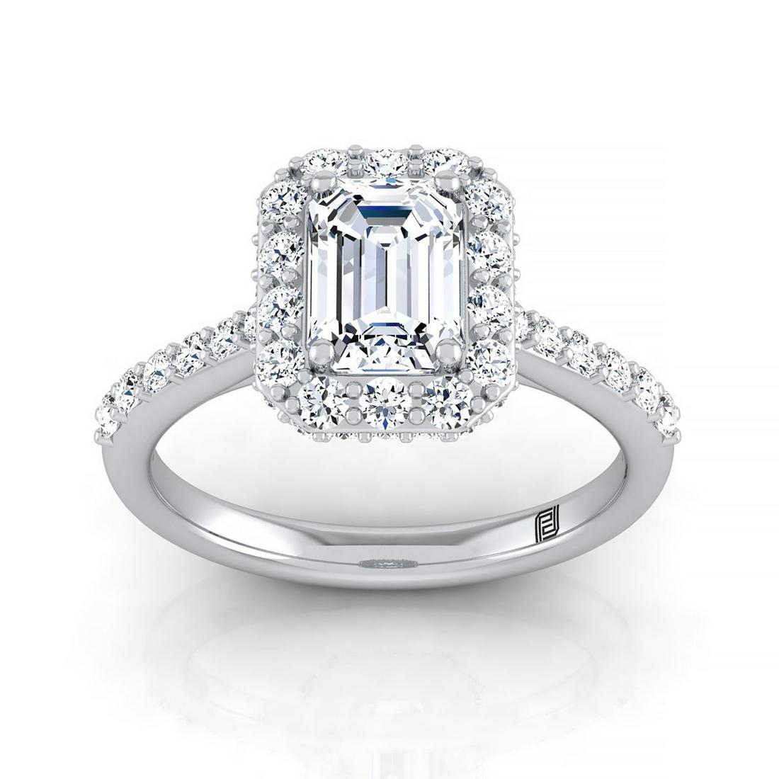 Emerald Cut Diamond Halo Engagement Ring With Pave Shank In 14k White Gold (2/3 Ct.tw.): Emerald Cut Diamond Halo Engagement Ring With Pave Shank In 14k White Gold (2/3 Ct.tw.) A Classic Statement Of Style, This Emerald Cut Diamond Halo Pave Engagement Ring Showcases Brilliant Cut Diamond