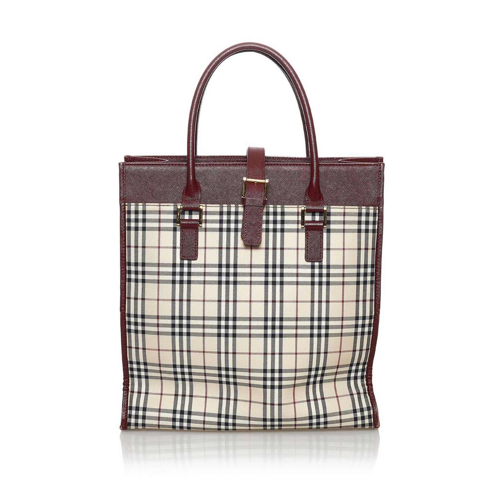 Burberry House Check Canvas Handbag: Burberry House Check Canvas Handbag This handbag features a plaid canvas body with leather trim rolled leather handles a top strap with buckle closure an interior zip compartment and an interior zip p