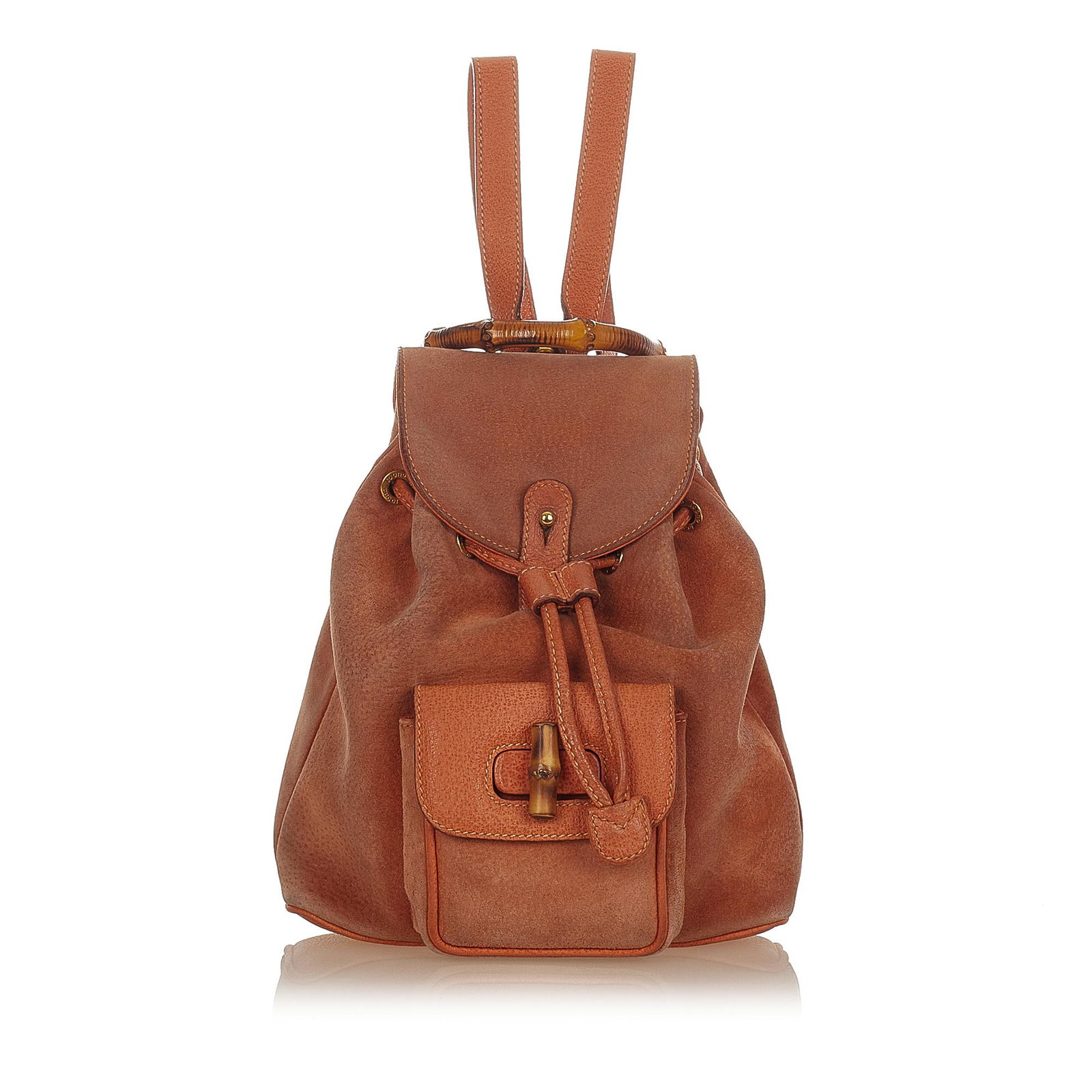 Gucci Bamboo Suede Backpack: Gucci Bamboo Suede Backpack This backpack features a suede body with leather trim an exterior front flap pocket with bamboo twist lock closure flat leather back straps a bamboo top handle a top flap w