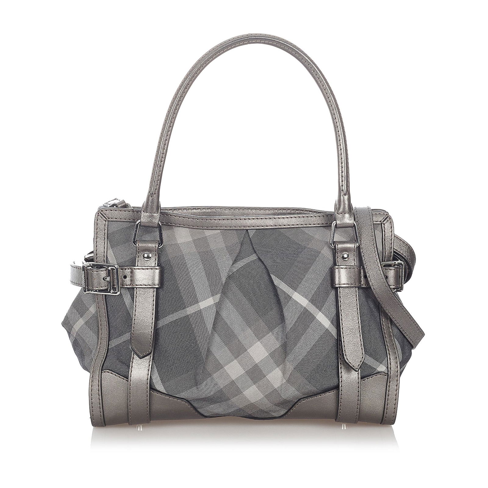 Burberry Tonal Check Canvas Satchel: Burberry Tonal Check Canvas Satchel This satchel features a canvas body with leather trim rolled leather handles a detachable flat strap a drawstring buckle closure and an interior zip pocket. Brand: