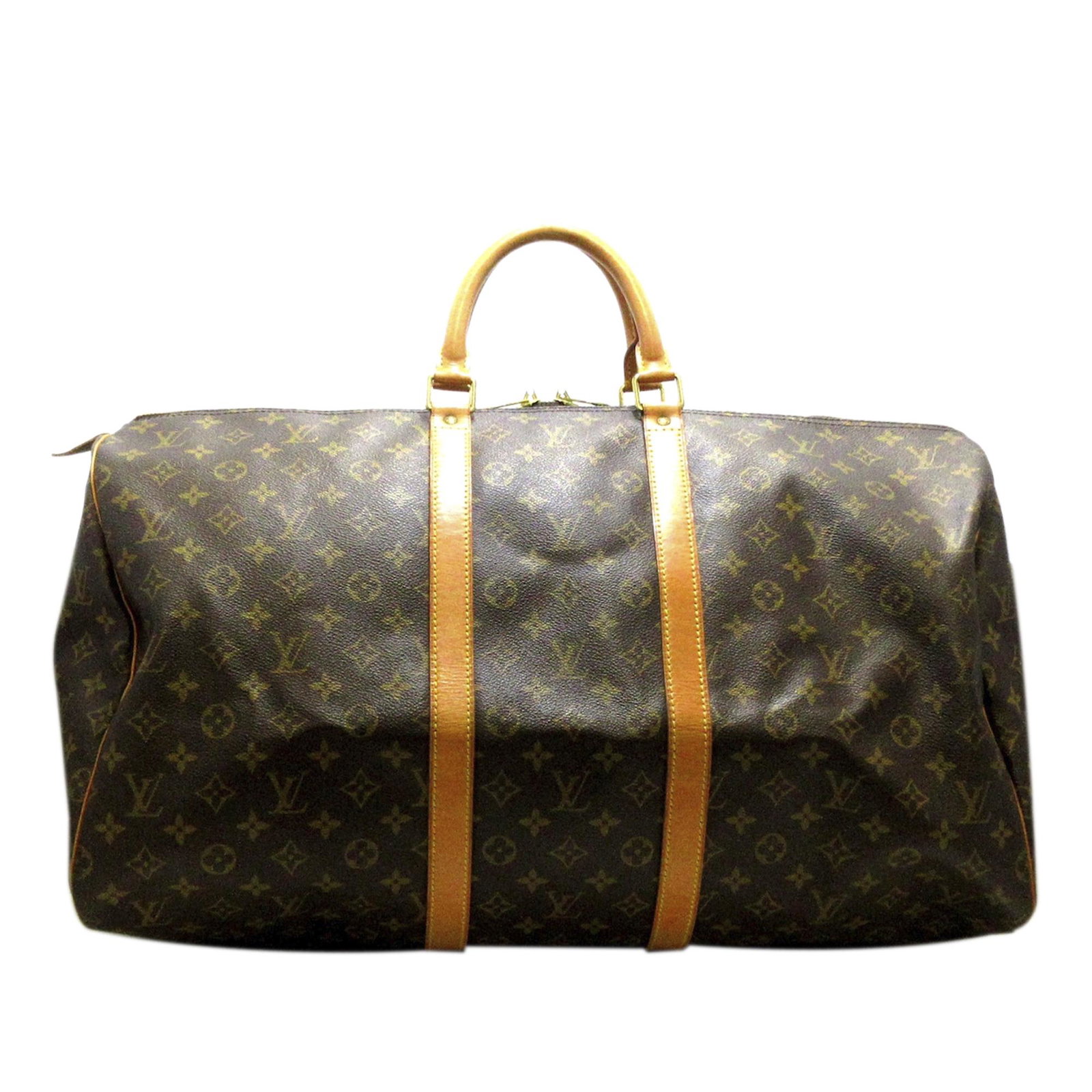 Louis Vuitton Monogram Keepall 55: Louis Vuitton Monogram Keepall 55 The Keepall 55 features a monogram canvas body with leather trim rolled leather handles and a top zip closure. Brand: Louis Vuitton Model: Monogram Keepall 55 Origin: