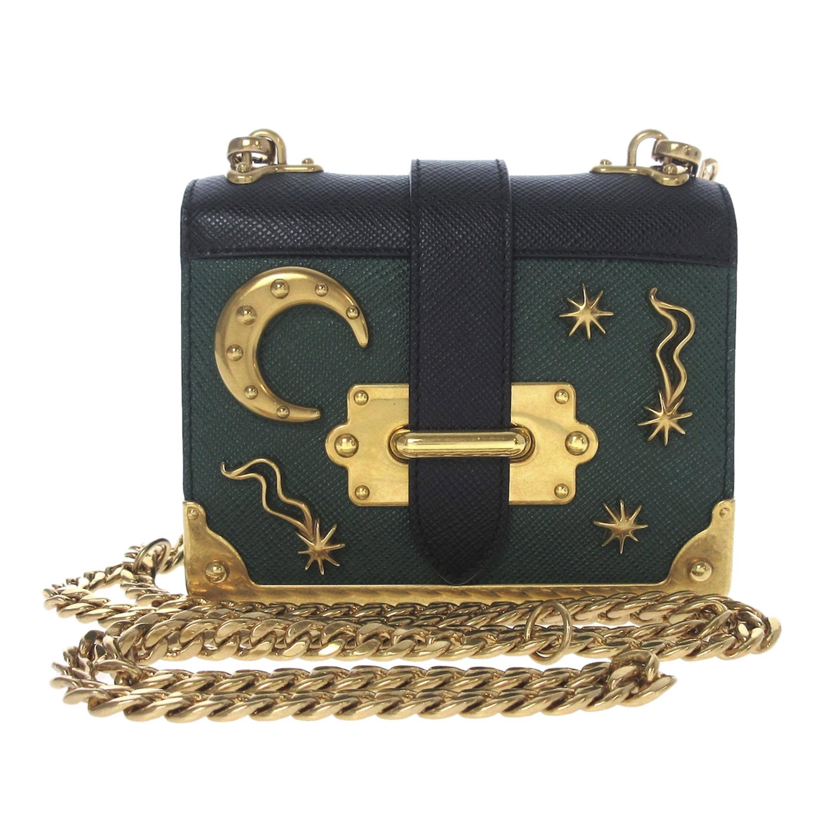 Prada Cahier Leather Crossbody Bag: Prada Cahier Leather Crossbody Bag The Cahier crossbody bag features a leather body gold-tone hardware a chain-link shoulder strap with flat leather guard a front flap with pull-through closure and in